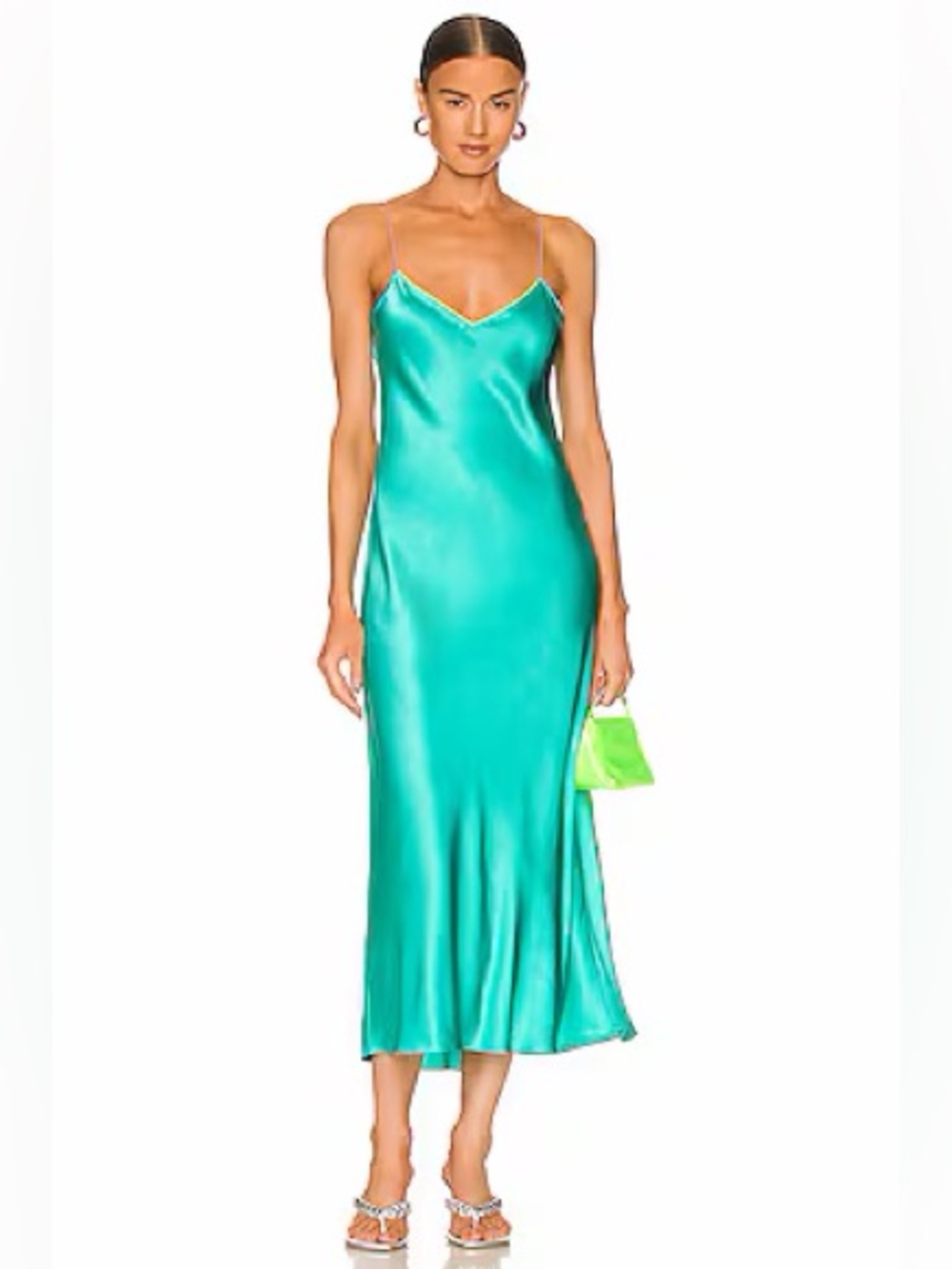 DANNIJO
Midi Slip Dress in Neon Turquoise 
Teal Slip Dress with Lime Trim
